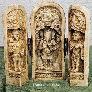 Vtg Stone Trifold Prayer Hindu God Ganesh The God Of Wisdom Triptych Meditation